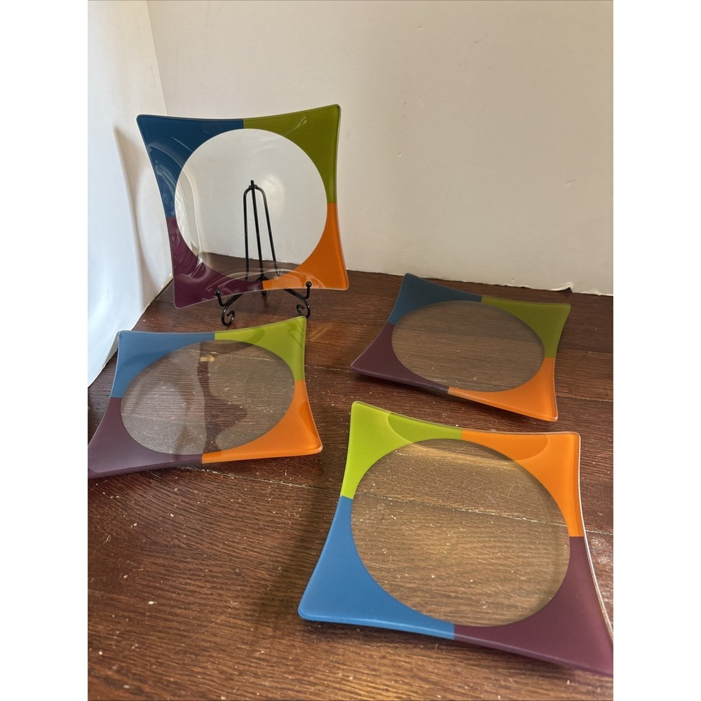 4 Prima Donna 8" Square Glass Plates Clear Glass Orange Blue Purple Green Corner